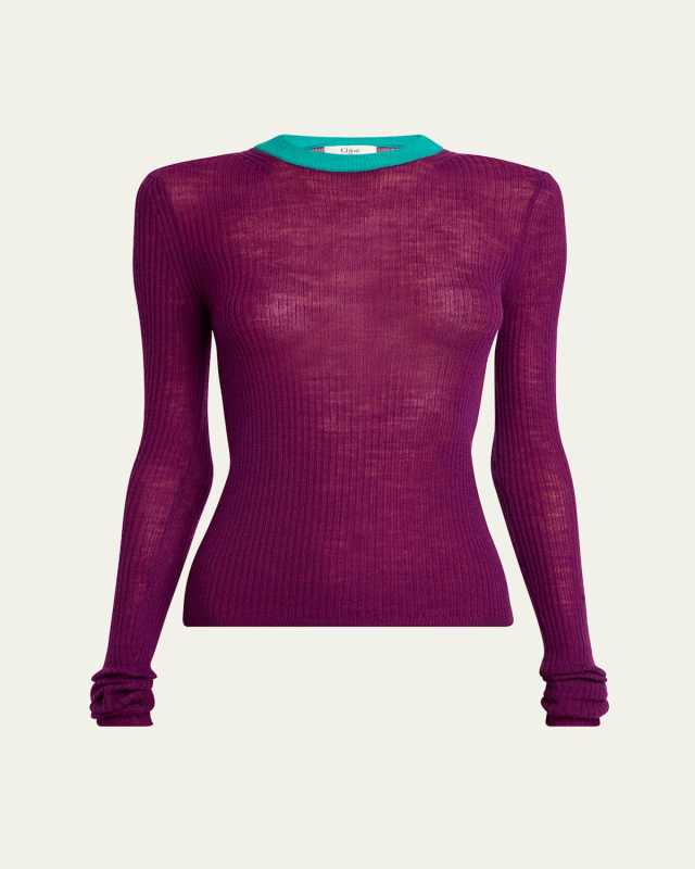 Bicolor Long-Sleeve Wool Crewneck Sweater